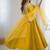 Yellow roman silk chanderi anarkali with fancy lace work, 4 mtr flair, stitched pant and net dupatta set