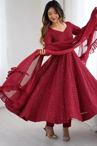 Maroon soft georgette lucknowi sequins anarkali with 4 mtr flair, stitched pant and ruffle dupatta set