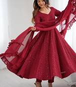 Maroon soft georgette lucknowi sequins anarkali with 4 mtr flair, stitched pant and ruffle dupatta set