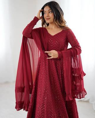 Maroon soft georgette lucknowi sequins anarkali with 4 mtr flair, stitched pant and ruffle dupatta set 4