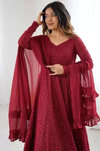 Maroon soft georgette lucknowi sequins anarkali with 4 mtr flair, stitched pant and ruffle dupatta set