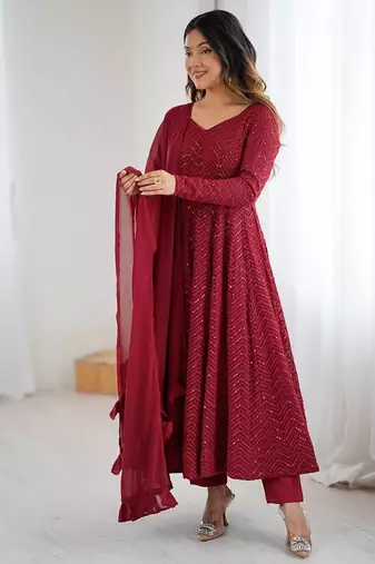Maroon soft georgette lucknowi sequins anarkali with 4 mtr flair, stitched pant and ruffle dupatta set