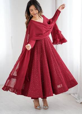 Maroon soft georgette lucknowi sequins anarkali with 4 mtr flair, stitched pant and ruffle dupatta set 6