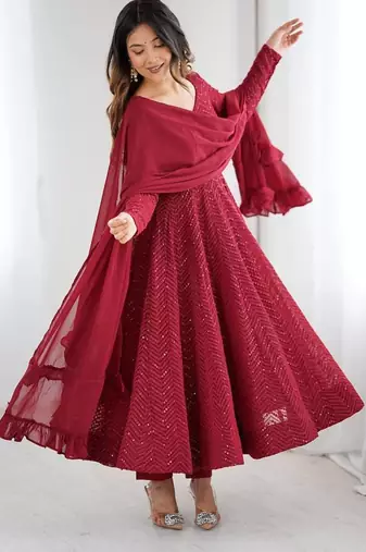 Maroon soft georgette lucknowi sequins anarkali with 4 mtr flair, stitched pant and ruffle dupatta set