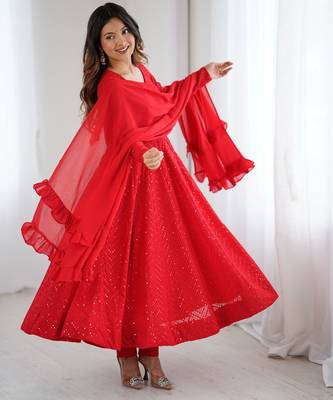 Red soft georgette lucknowi sequins anarkali with 4 mtr flair, stitched pant and ruffle dupatta set 4