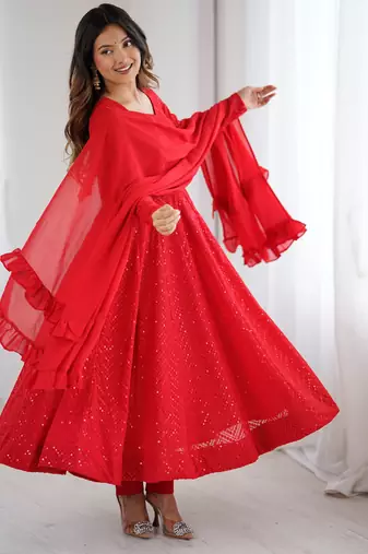 Red soft georgette lucknowi sequins anarkali with 4 mtr flair, stitched pant and ruffle dupatta set