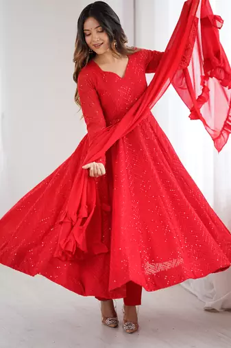 Red soft georgette lucknowi sequins anarkali with 4 mtr flair, stitched pant and ruffle dupatta set