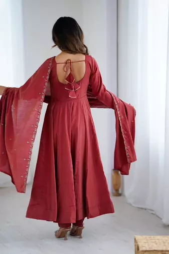 Roman shimmer chanderi silk anarkali with beads handwork, 4 mtr flair, stitched pant and embroidered dupatta set