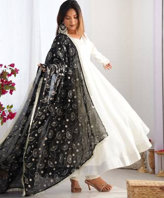 Vichitra silk anarkali with 4 mtr flair, fancy lace dupatta and stitched pant set, fully stitched ready to wear 6