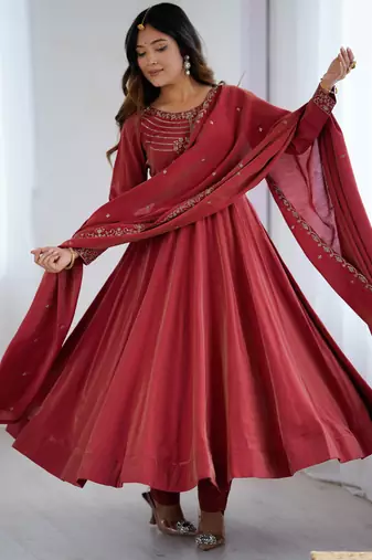 Roman shimmer chanderi silk anarkali with beads handwork, 4 mtr flair, stitched pant and embroidered dupatta set
