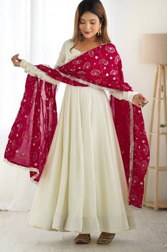 Rani pink vichitra silk anarkali , fancy lace dupatta and stitched pant set, fully stitched ready to wear