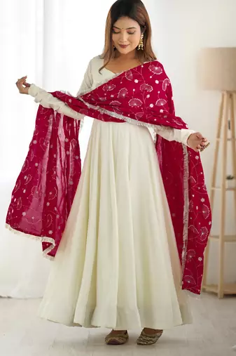 Rani pink vichitra silk anarkali , fancy lace dupatta and stitched pant set, fully stitched ready to wear