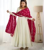 Rani pink vichitra silk anarkali , fancy lace dupatta and stitched pant set, fully stitched ready to wear