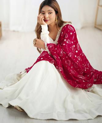 Rani pink vichitra silk anarkali , fancy lace dupatta and stitched pant set, fully stitched ready to wear 4