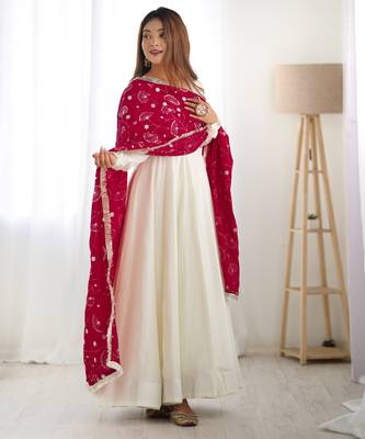 Rani pink vichitra silk anarkali , fancy lace dupatta and stitched pant set, fully stitched ready to wear 5