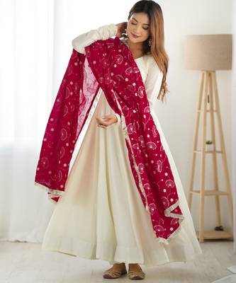 Rani pink vichitra silk anarkali , fancy lace dupatta and stitched pant set, fully stitched ready to wear 6