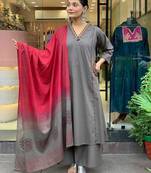 Grey Women Pure Cotton Embroidered Kurta With Pant And Dupatta