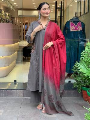 Grey Women  Cotton Embroidered Kurta With Pant And Dupatta 2