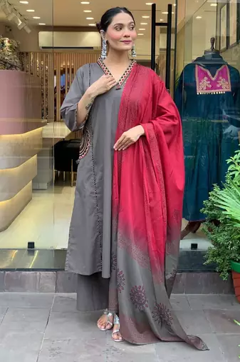 Grey Women  Cotton Embroidered Kurta With Pant And Dupatta