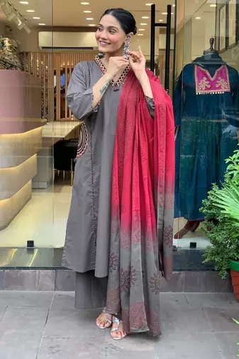 Grey Women  Cotton Embroidered Kurta With Pant And Dupatta