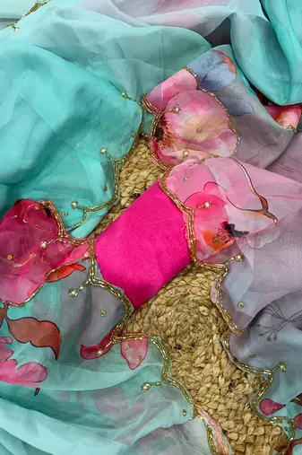 skyblue soft tabby silk blend printed with pearl handwork saree with unstitched blouse