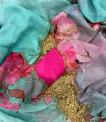 skyblue soft tabby silk blend printed with pearl handwork saree with unstitched blouse