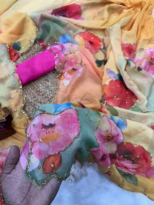 yellow soft tabby silk blend printed with pearl handwork saree with unstitched blouse 1