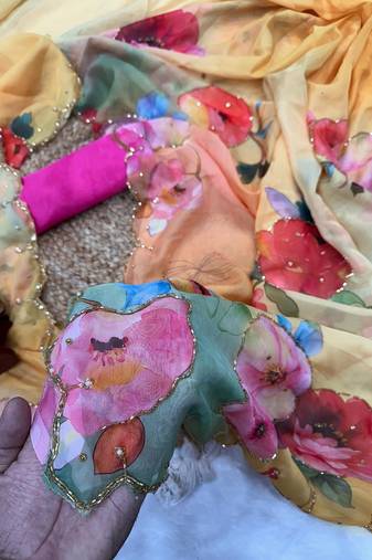 yellow soft tabby silk blend printed with pearl handwork saree with unstitched blouse