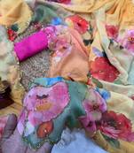 yellow soft tabby silk blend printed with pearl handwork saree with unstitched blouse