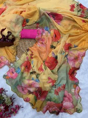yellow soft tabby silk blend printed with pearl handwork saree with unstitched blouse 2