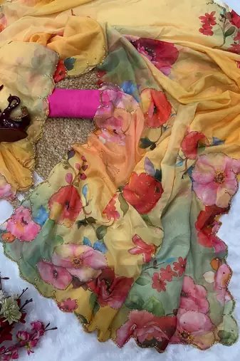 yellow soft tabby silk blend printed with pearl handwork saree with unstitched blouse