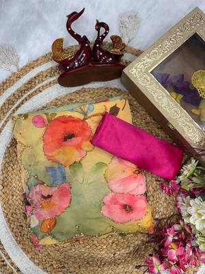 yellow soft tabby silk blend printed with pearl handwork saree with unstitched blouse 3