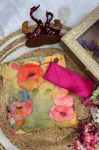 yellow soft tabby silk blend printed with pearl handwork saree with unstitched blouse