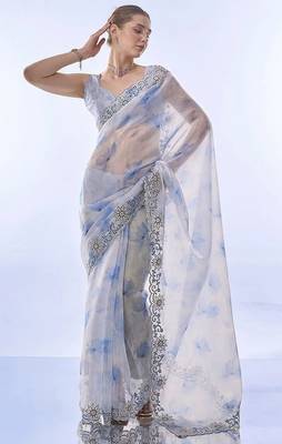 skyblue soft space silk blend with printed and coding sequin work saree with unstitched blouse  1