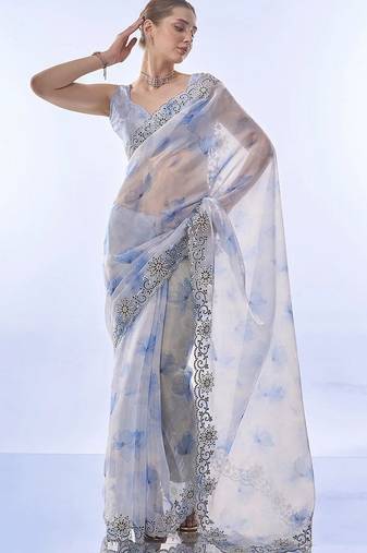 skyblue soft space silk blend with printed and coding sequence work saree with unstitched blouse 