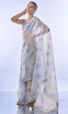 skyblue soft space silk blend with printed and coding sequin work saree with unstitched blouse  2