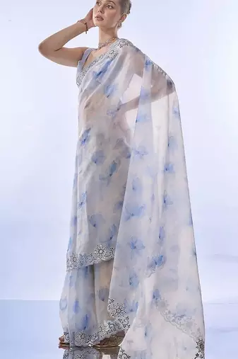skyblue soft space silk blend with printed and coding sequin work saree with unstitched blouse 