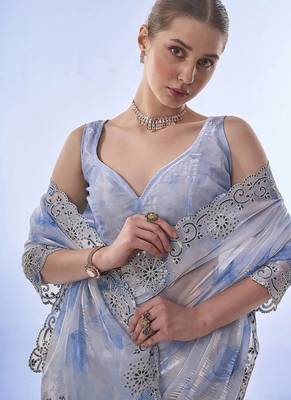 skyblue soft space silk blend with printed and coding sequin work saree with unstitched blouse  3