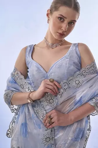 skyblue soft space silk blend with printed and coding sequin work saree with unstitched blouse 