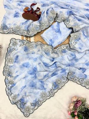 skyblue soft space silk blend with printed and coding sequin work saree with unstitched blouse  4