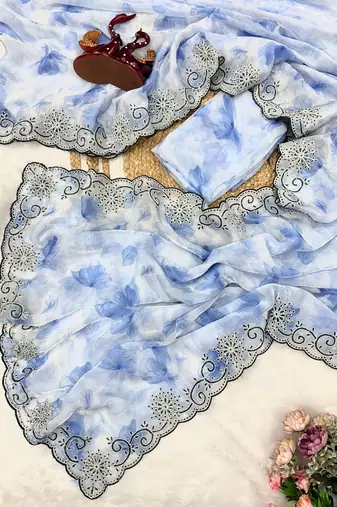 skyblue soft space silk blend with printed and coding sequin work saree with unstitched blouse 