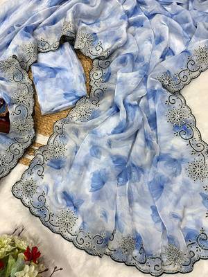 skyblue soft space silk blend with printed and coding sequin work saree with unstitched blouse  5
