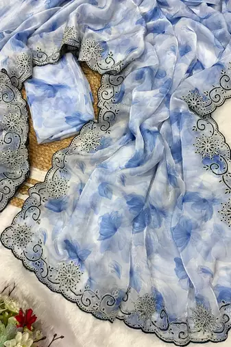 skyblue soft space silk blend with printed and coding sequin work saree with unstitched blouse 