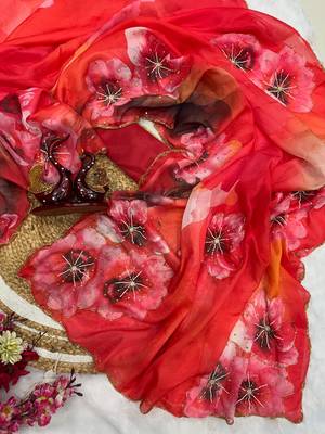 red soft tabby silk blend printed with beads work saree with unstitched blouse 1
