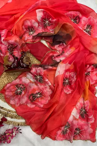 red soft tabby silk blend printed with beads work saree with unstitched blouse
