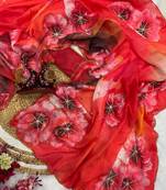 red soft tabby silk blend printed with beads work saree with unstitched blouse