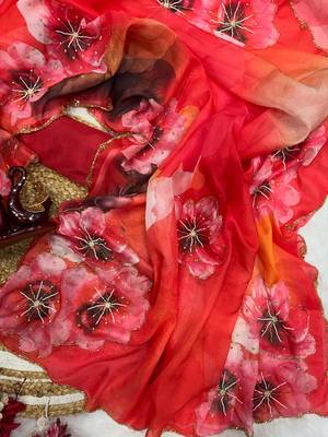 red soft tabby silk blend printed with beads work saree with unstitched blouse 2