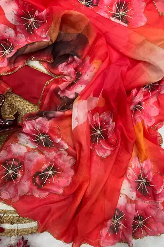 red soft tabby silk blend printed with beads work saree with unstitched blouse