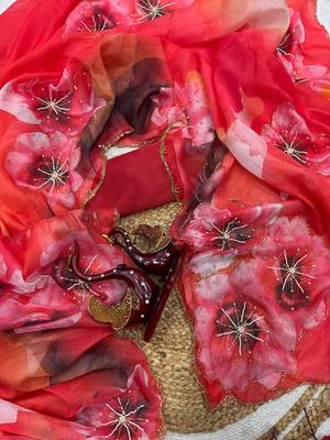 red soft tabby silk blend printed with beads work saree with unstitched blouse 3