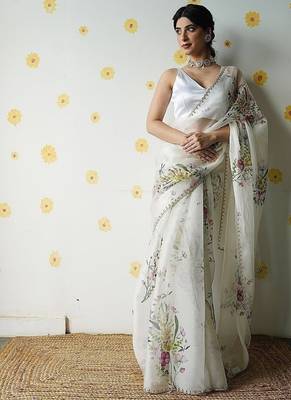 white soft tabby silk blend printed with beads work saree with unstitched blouse 1